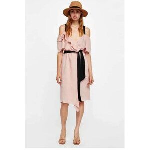 Zara pink cold shoulder flowy ruffle tie front women's dress in pink size XS